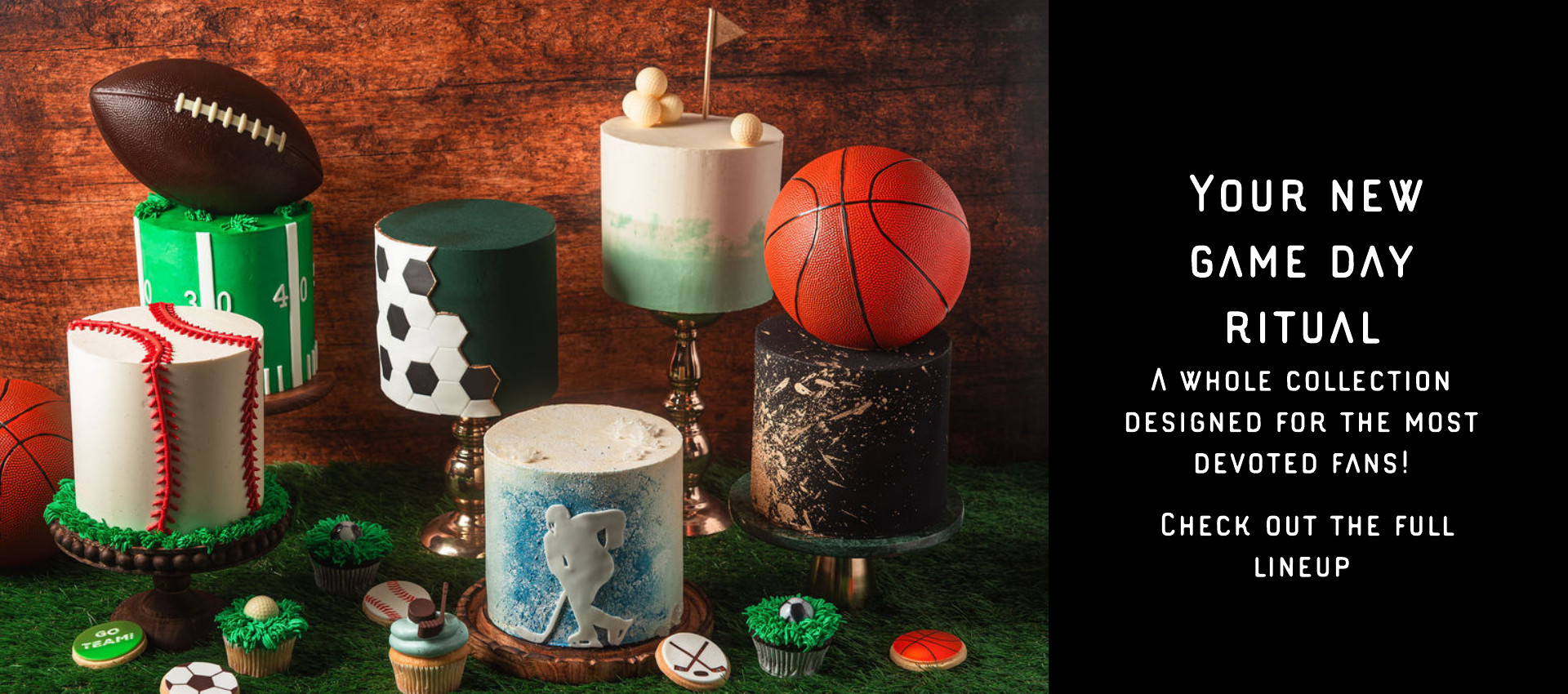 A display of sports themed cakes, cupcakes and cookies from the GOoDS new Sports Collection